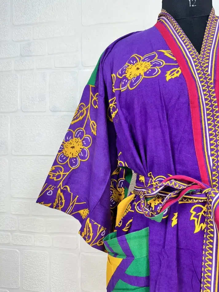 Recycled Pure Cotton Vintage Kimono Open Jacket Boho Summer TieDye House Robe, Beach Coverup | Purple Yellow Floral Style Print