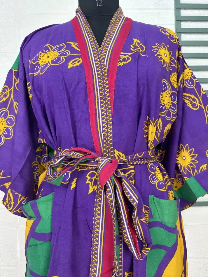 Recycled Pure Cotton Vintage Kimono Open Jacket Boho Summer TieDye House Robe, Beach Coverup | Purple Yellow Floral Style Print