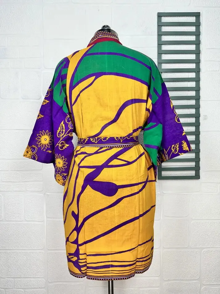 Recycled Pure Cotton Vintage Kimono Open Jacket Boho Summer TieDye House Robe, Beach Coverup | Purple Yellow Floral Style Print