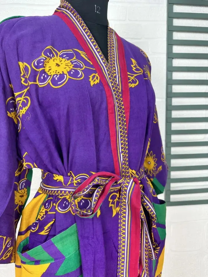 Recycled Pure Cotton Vintage Kimono Open Jacket Boho Summer TieDye House Robe, Beach Coverup | Purple Yellow Floral Style Print