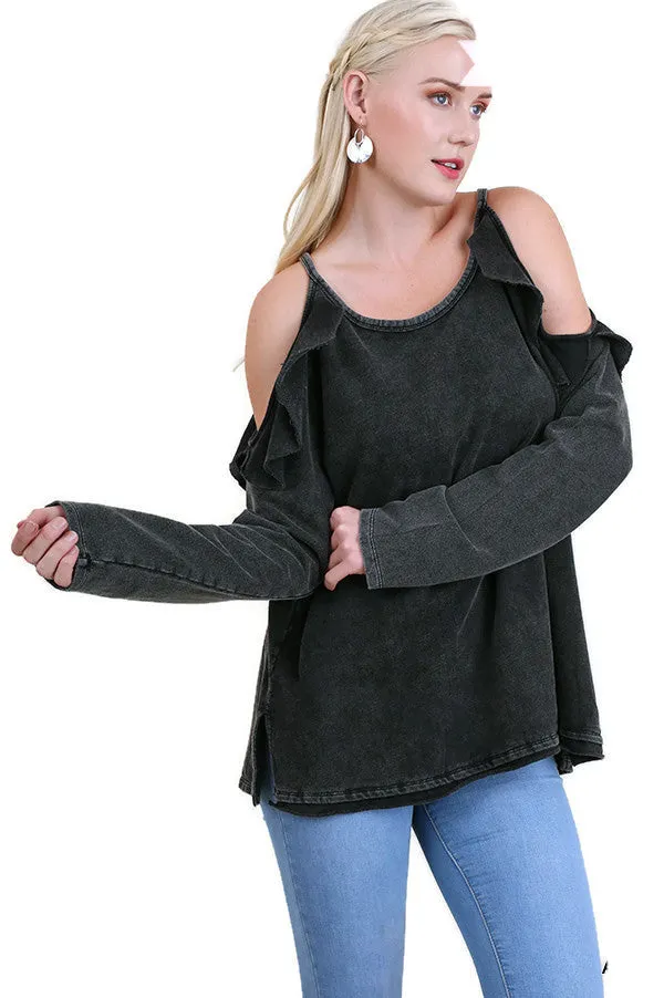 Ruffled Open Shoulder Tunic, Black