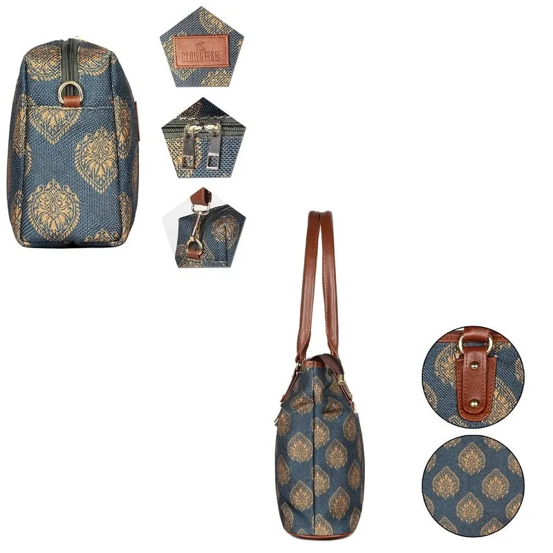 The Clownfish Combo of Percy Printed Handicraft Fabric Handbag for Women & The Clownfish Isla Printed Handicraft Fabric Crossbody Sling Bag for Women (Peacock Blue)