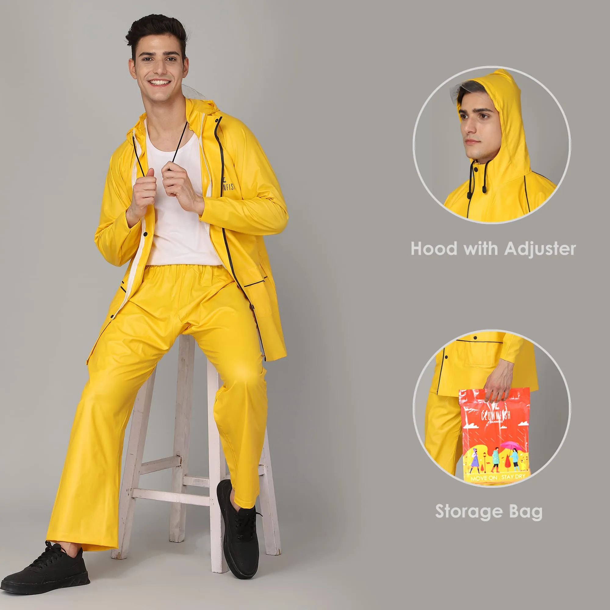 THE CLOWNFISH Oceanic Men's Waterproof PVC Raincoat with Hood and Reflector Logo at Back for Night Travelling. Set of Top and Bottom (Black, XXL)