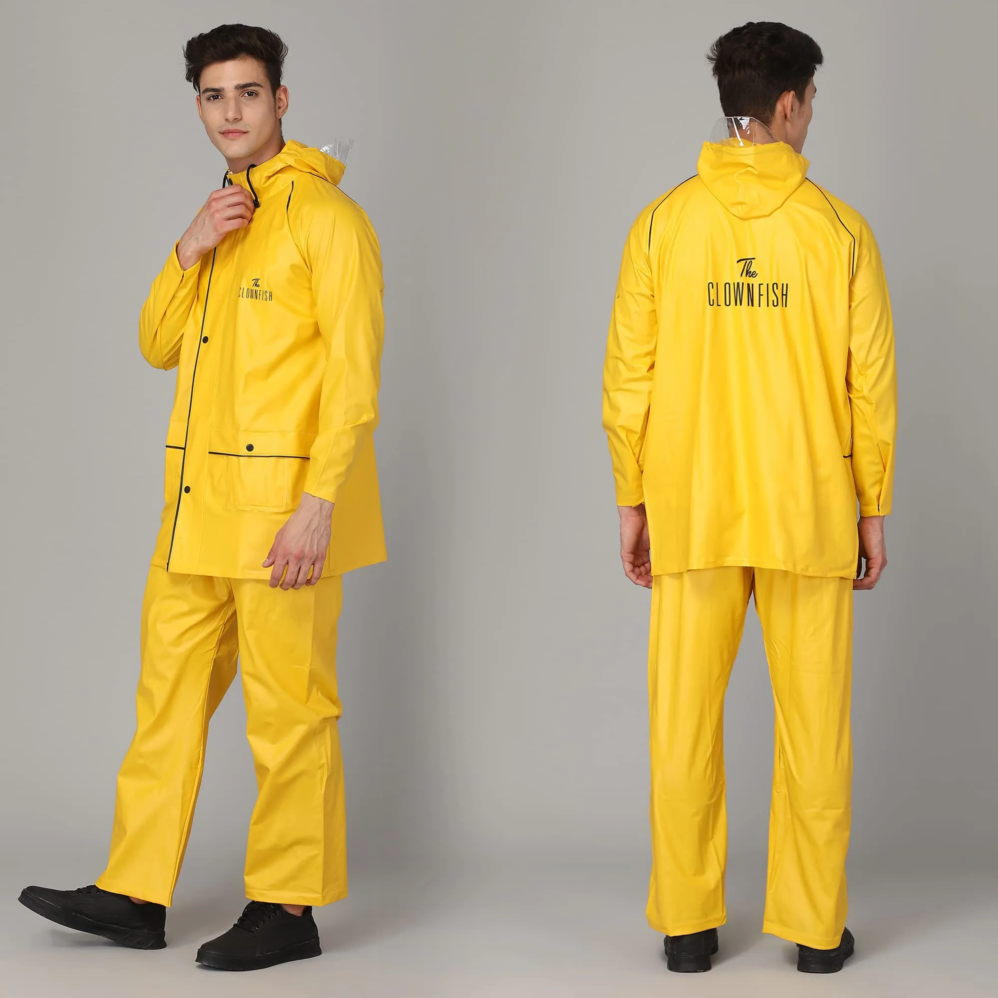 THE CLOWNFISH Oceanic Men's Waterproof PVC Raincoat with Hood and Reflector Logo at Back for Night Travelling. Set of Top and Bottom (Black, XXL)