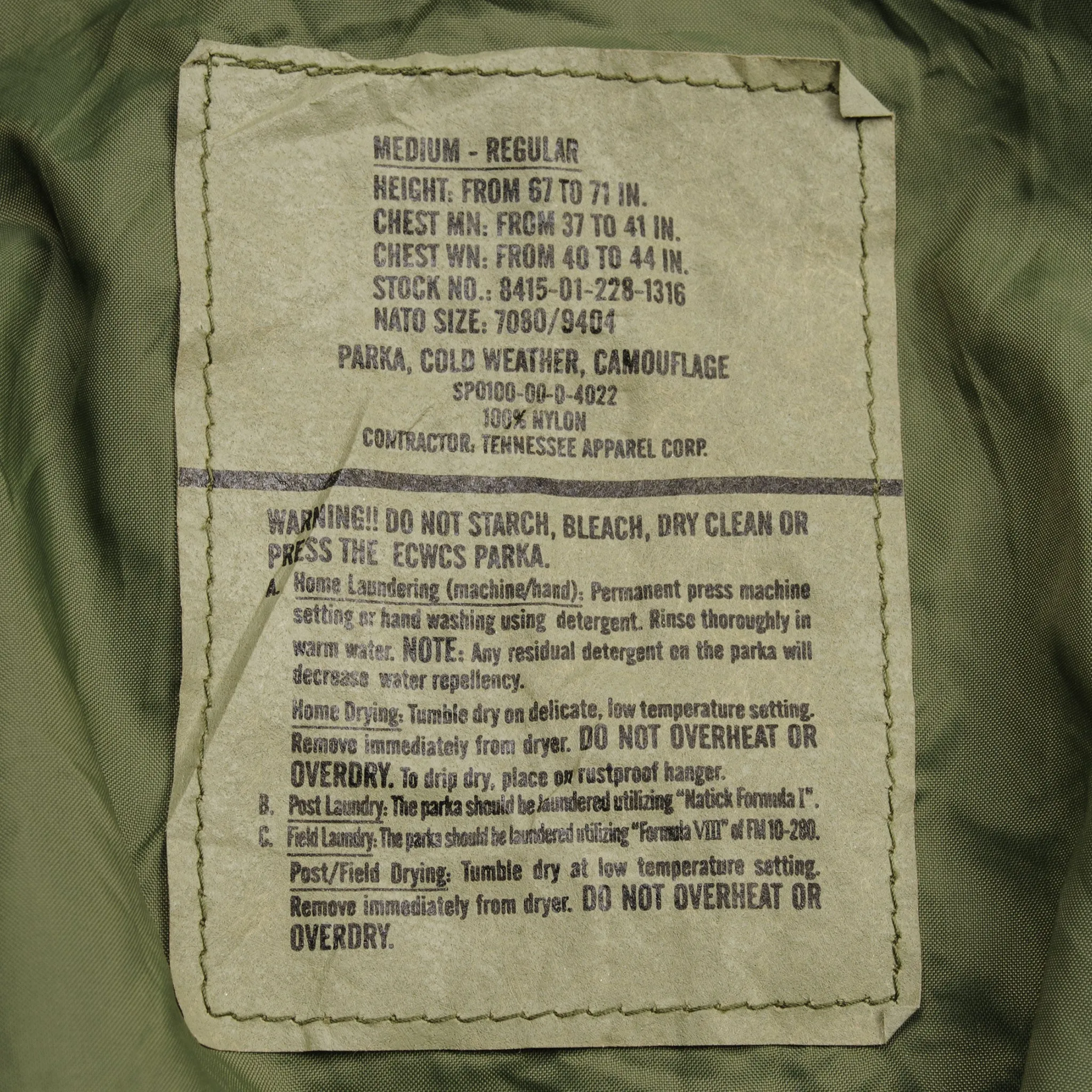 VINTAGE US ARMY ECWCS PARKA 2000 SIZE MEDIUM REGULAR GORE-TEX