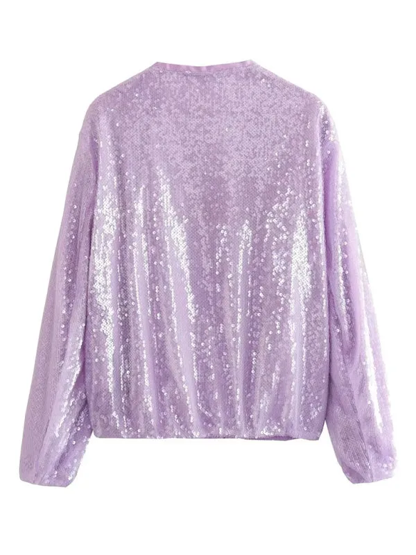 Wenkouban-Winter outfits ideas Women's round neck sequined motorcycle bomber jacket tops women's baseball uniform