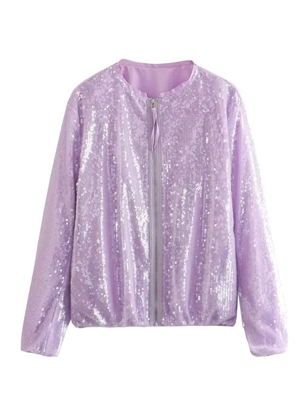Wenkouban-Winter outfits ideas Women's round neck sequined motorcycle bomber jacket tops women's baseball uniform