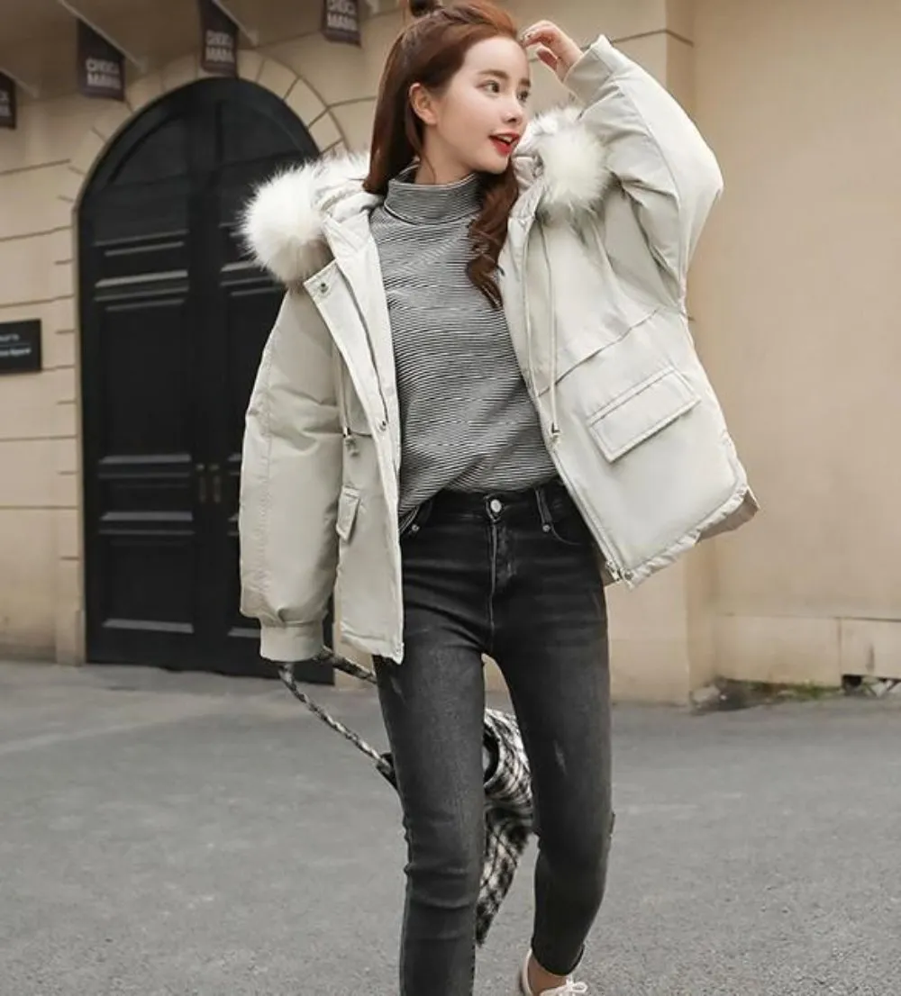 Womens Winter Short Puffy Coat with Hood in Black
