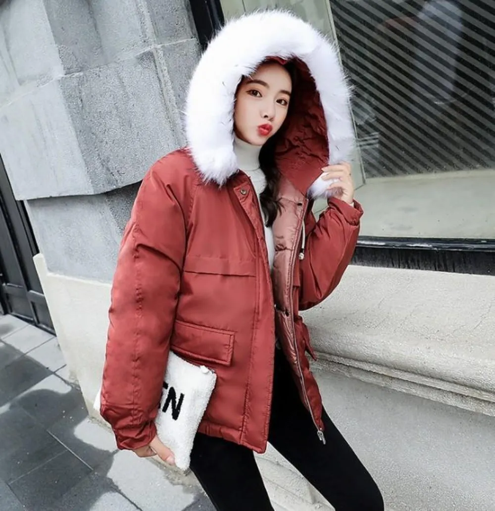 Womens Winter Short Puffy Coat with Hood in Black