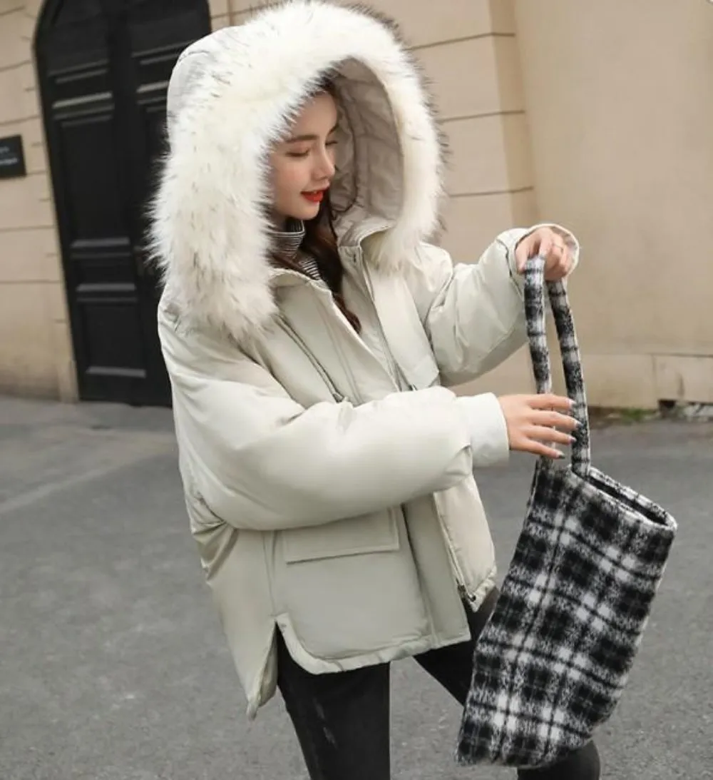 Womens Winter Short Puffy Coat with Hood in Black